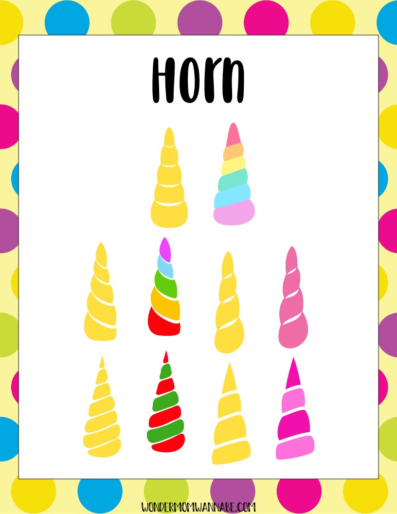 An illustration of ten unicorn horns in various colors and patterns, with the word "Horn" at the top. The Unicorn Party Game Pack by Wondermom Shop is perfect for a printable Unicorn Party game, featuring a background with a polka dot border. This digital product will delight all unicorn enthusiasts!