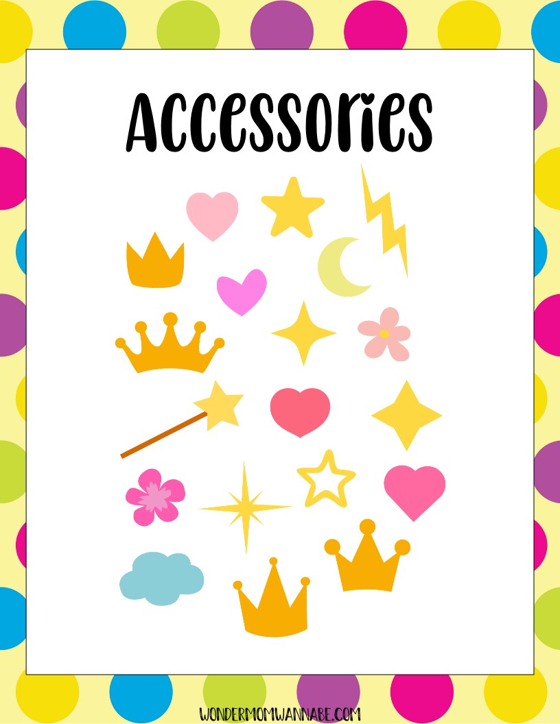 Illustrated chart titled "Accessories" from Wondermom Shop's "Unicorn Party Game Pack" features various colorful symbols like crowns, stars, flowers, hearts, and lightning bolts on a polka dot background—perfect for your printable Unicorn Party game or digital product.