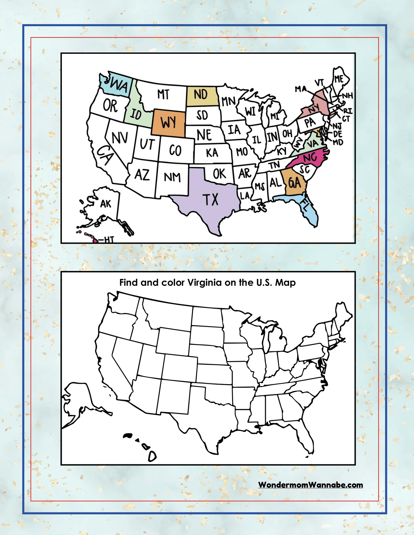 Top image is a color-coded map of the United States. Bottom image, from the Virginia Travel Guide and Activity Kit for Kids by Wondermom Shop, is a blank U.S. map with instructions to find and color Virginia.
