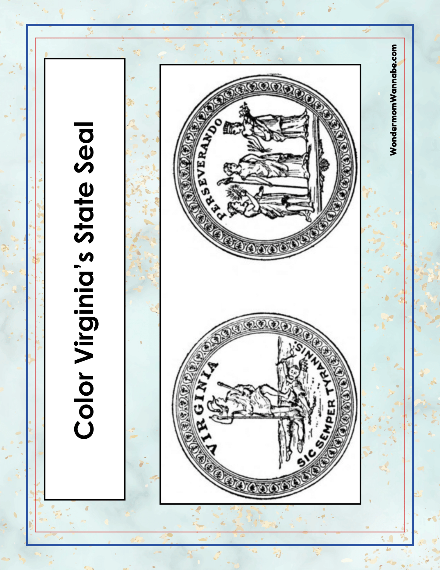 The Virginia Travel Guide and Activity Kit for Kids from Wondermom Shop includes a coloring sheet that features Virginia's state seal displayed twice, with a blank space for coloring and a title that reads "Color Virginia's State Seal" on a decorative background. It's perfect for adding to your printable travel kit or exploring fun activities related to Virginia.