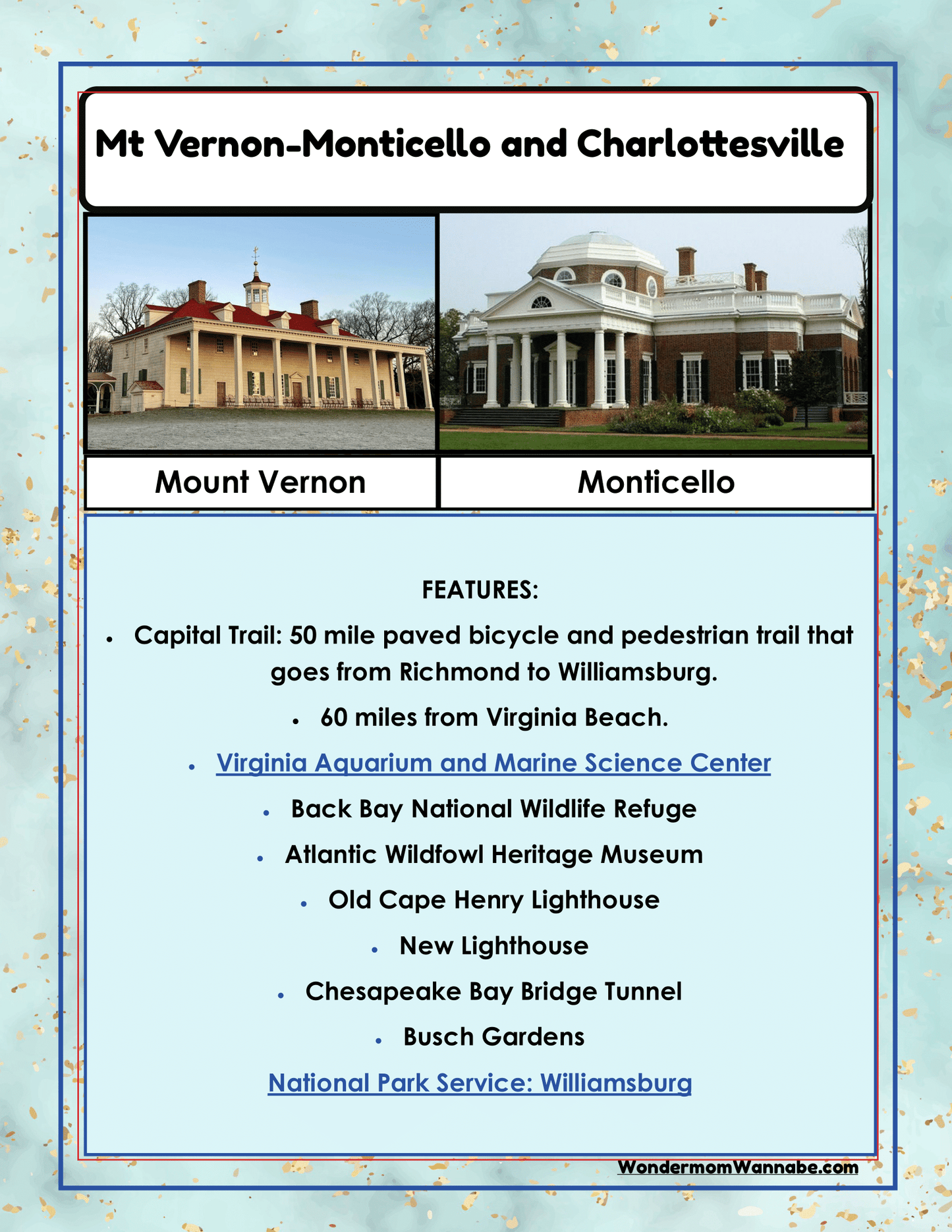 Check out the Wondermom Shop's Virginia Travel Guide and Activity Kit for Kids! This informational flyer for Mt Vernon-Monticello and Charlottesville is packed with photos of Mount Vernon and Monticello, as well as details on local attractions like trails, museums, and parks. Perfect for visitors, this printable travel kit offers a plethora of Virginia activities.