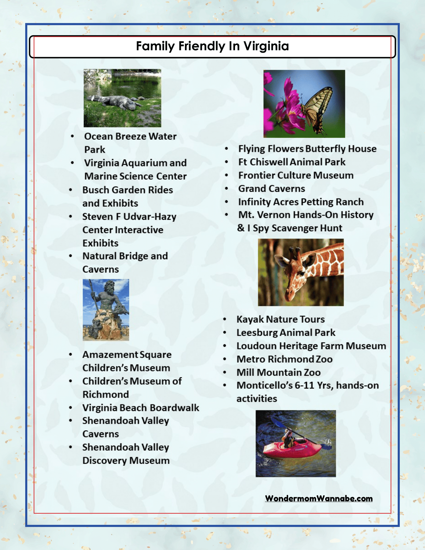 A list titled "Family Friendly in Virginia" detailing various family-friendly attractions, such as parks, museums, zoos, and historical sites. Perfect for planning your trip with the comprehensive *Virginia Travel Guide and Activity Kit for Kids* from Wondermom Shop to keep everyone entertained.