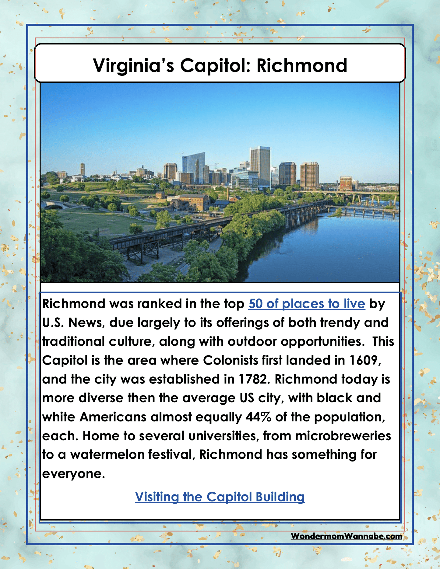 Image of Richmond, Virginia's skyline with a river in the foreground. Text highlights Richmond's history, diversity, and opportunities. Discover more about visiting the Capitol Building and download Wondermom Shop's Virginia Travel Guide and Activity Kit for Kids to enhance your trip.