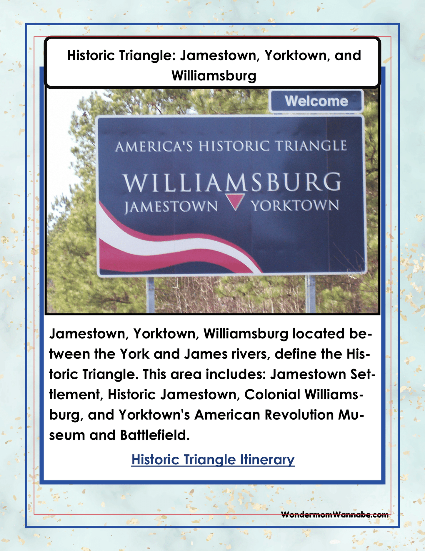 Discover the wonders of America's Historic Triangle with our Virginia Travel Guide and Activity Kit for Kids by Wondermom Shop. This informative kit highlights Williamsburg, Jamestown, and Yorktown, detailing their historical significance and offering exciting itinerary suggestions. It's the perfect addition to your Virginia travel planning or a fun, educational printable set for your next family adventure!