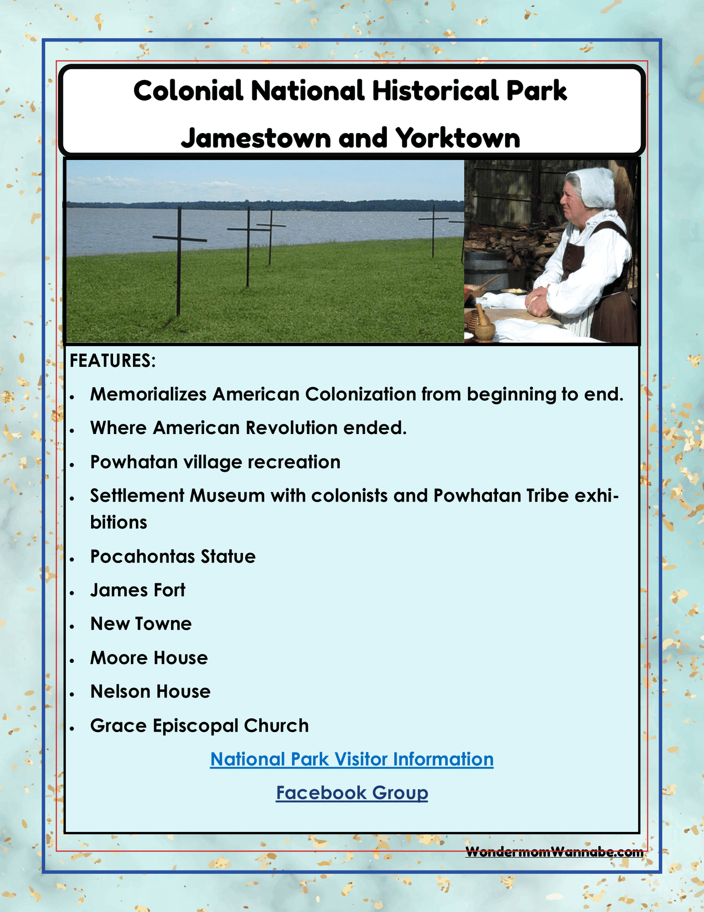 Experience Colonial National Historical Park and its many attractions—Powhatan Village, Settlement Museum, Pocahontas Statue, James Fort, New Towne, Moore House, Nelson House, and Grace Episcopal Church. Plan your visit today by downloading a free printable Virginia Travel Guide and Activity Kit for Kids from Wondermom Shop!