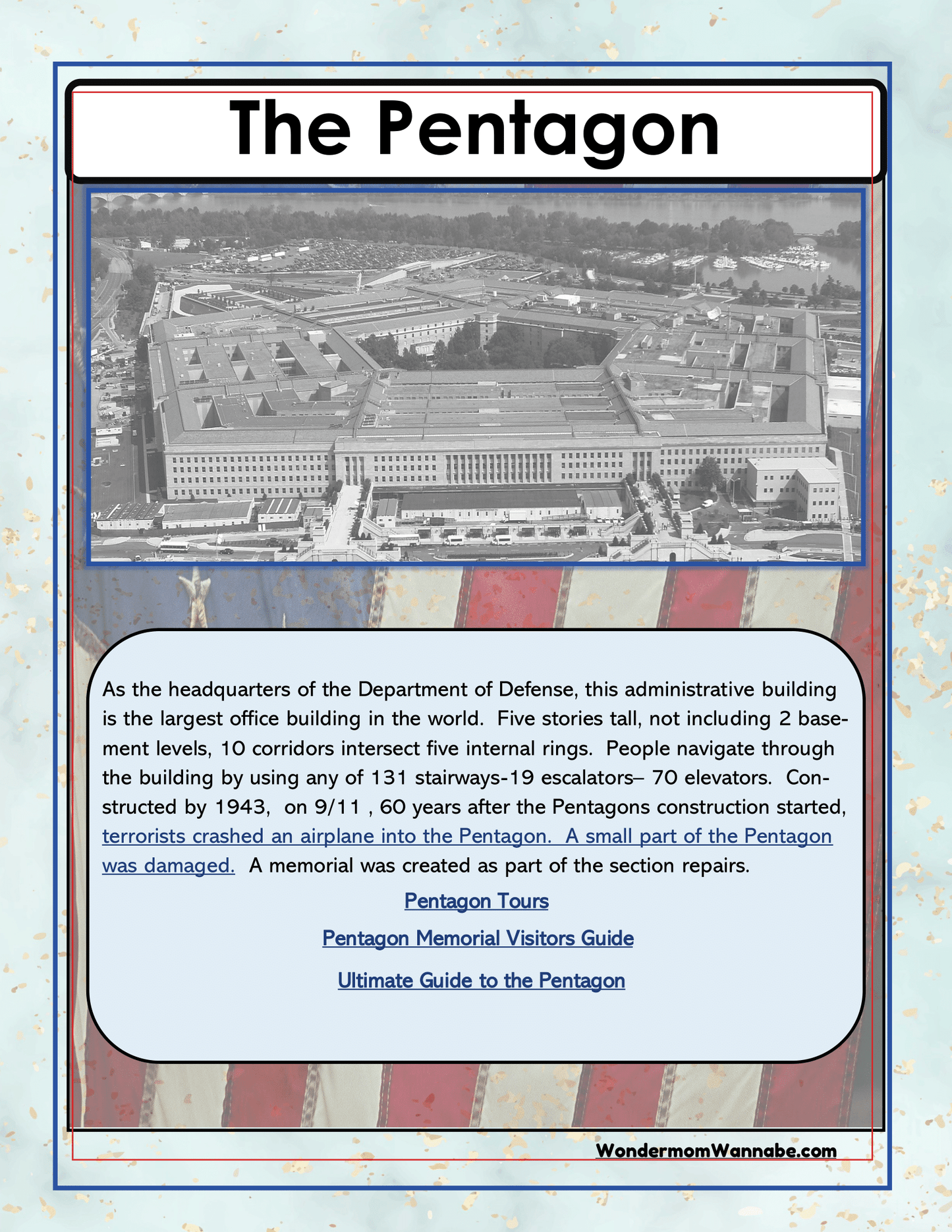 Discover an informative poster about the Pentagon, included in our Virginia Travel Guide and Activity Kit for Kids by Wondermom Shop. This feature highlights the building's structure, history, and the impact of the 9/11 terrorist attack. It also includes building specifications and links for guided tours—perfect for inclusion in your printable travel kit!