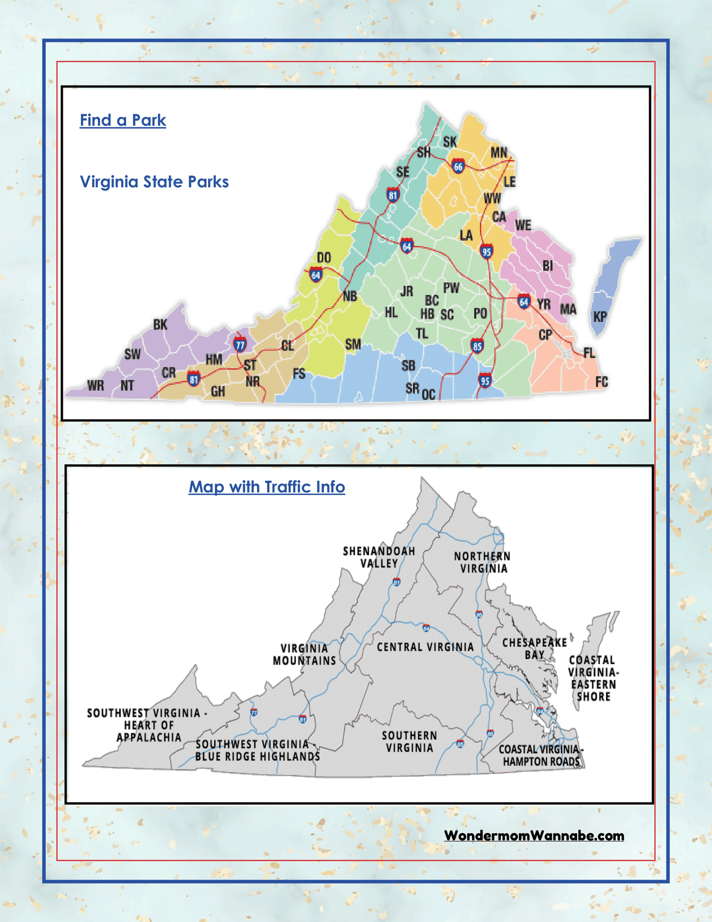 The top image presents a colored map of Virginia State Parks divided by region, while the bottom image features a grayscale map of Virginia with regional labels and traffic information, making it an ideal addition to your "Virginia Travel Guide and Activity Kit for Kids" by Wondermom Shop.