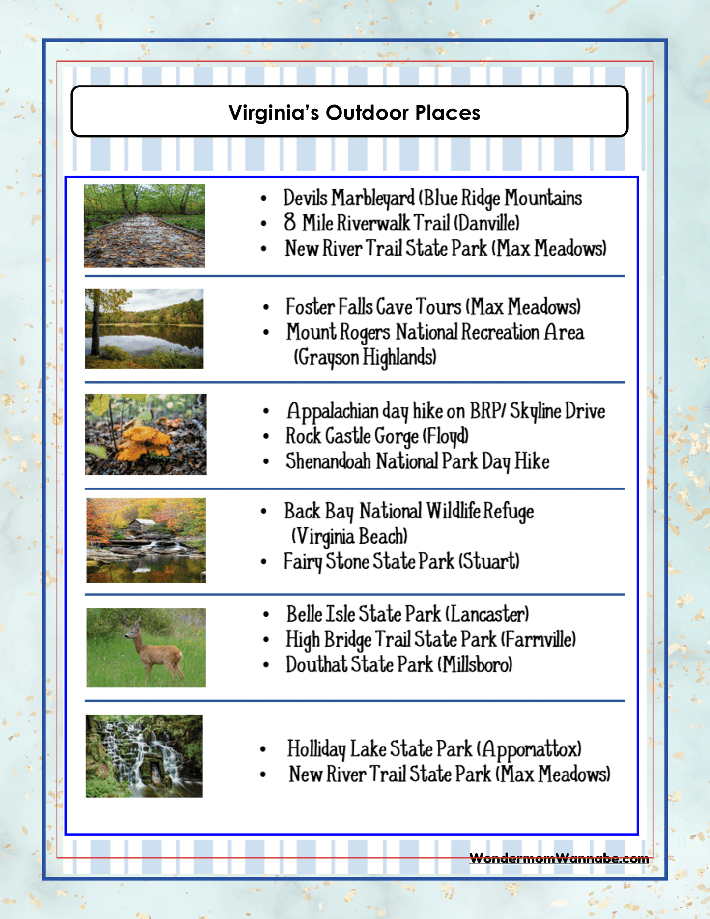 The "Virginia Travel Guide and Activity Kit for Kids" by Wondermom Shop is a comprehensive list featuring descriptions and images of parks, trails, and natural attractions in Virginia. It's perfect for anyone creating a travel guide or assembling a printable travel kit, showcasing the best activities to explore in Virginia.