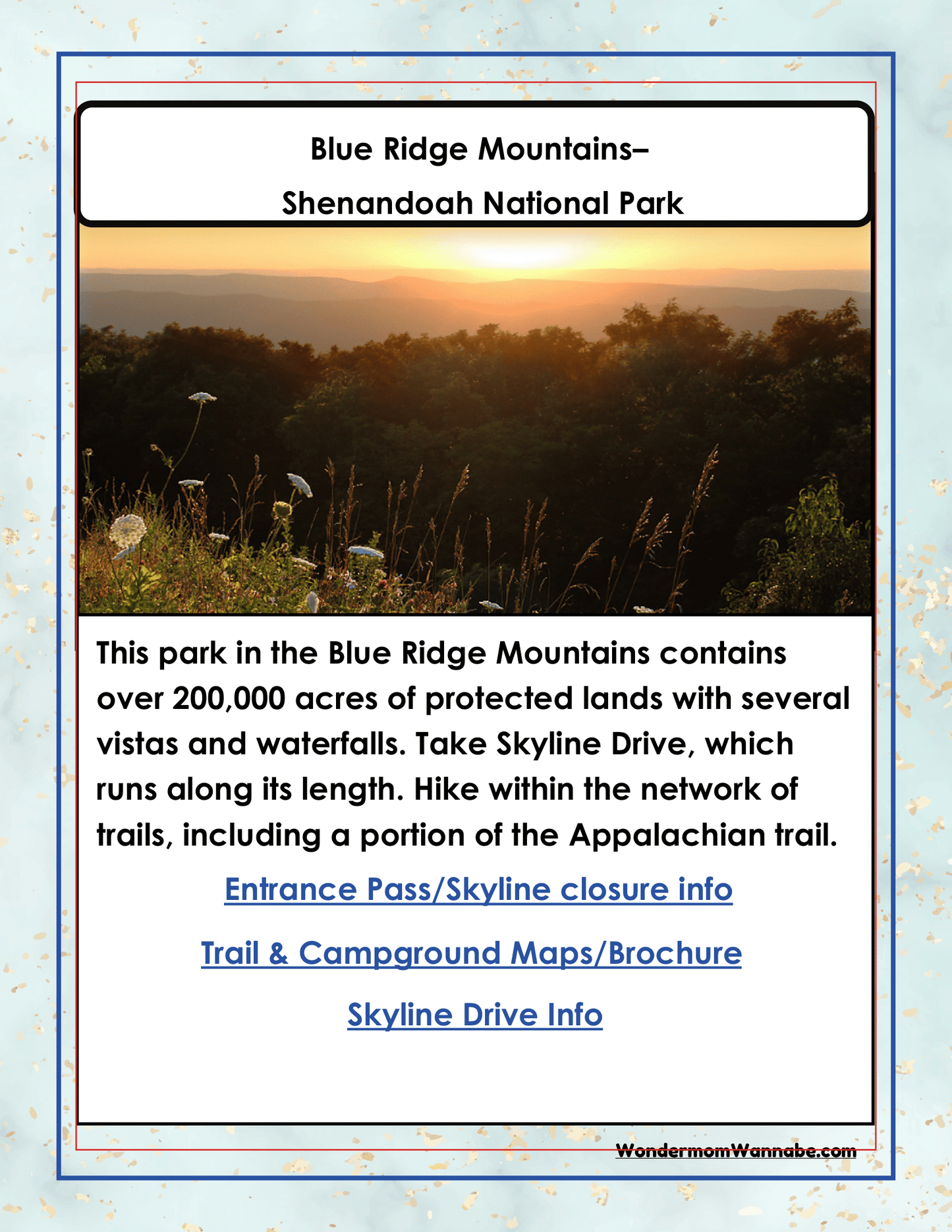 Informational poster about the Blue Ridge Mountains in Shenandoah National Park detailing over 200,000 acres with vistas, waterfalls, and trails, including part of the Appalachian Trail. Perfect for your Virginia Travel Guide and Activity Kit for Kids by Wondermom Shop. Links for more information.