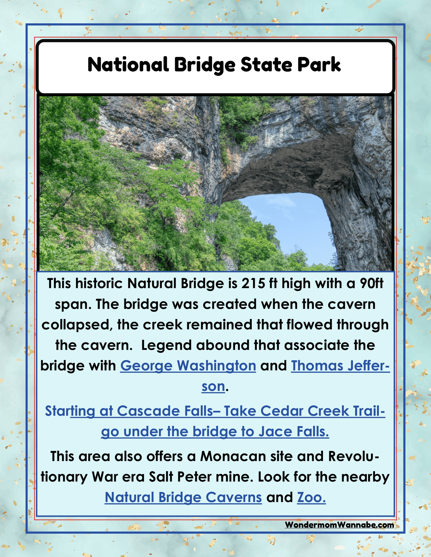 Informational sign about National Bridge State Park describing the natural bridge formation, historical associations, and nearby attractions including the Cedar Creek Trail and Natural Bridge Caverns and Zoo. Perfect for any **Virginia Travel Guide and Activity Kit for Kids** by **Wondermom Shop** or printable travel kit on Virginia activities.