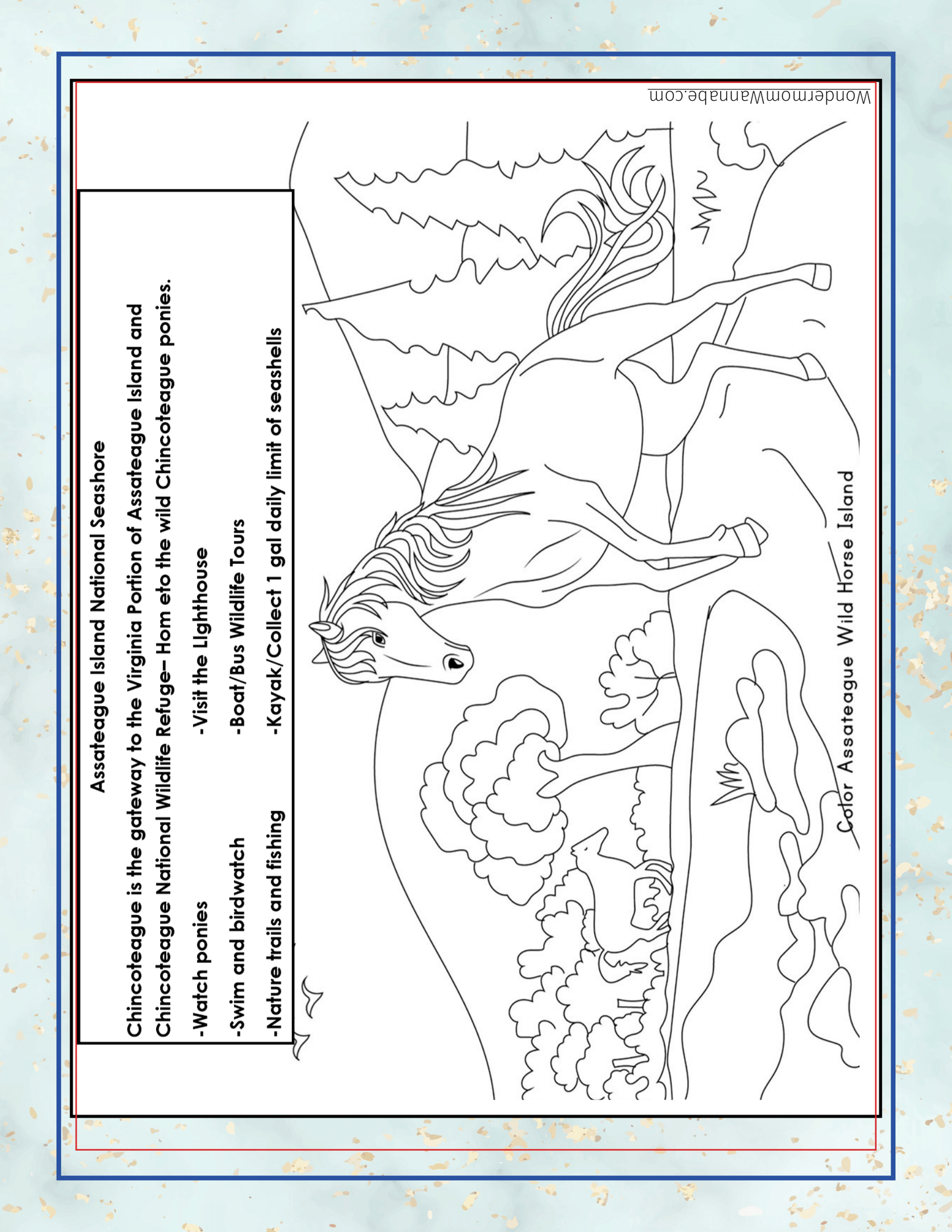 Coloring page of a wild horse running through Assateague Island National Seashore. The text describes various activities such as biking, fishing, and birdwatching available in the area. Don't forget to check out our "Virginia Travel Guide and Activity Kit for Kids" by Wondermom Shop for more exciting Virginia activities!