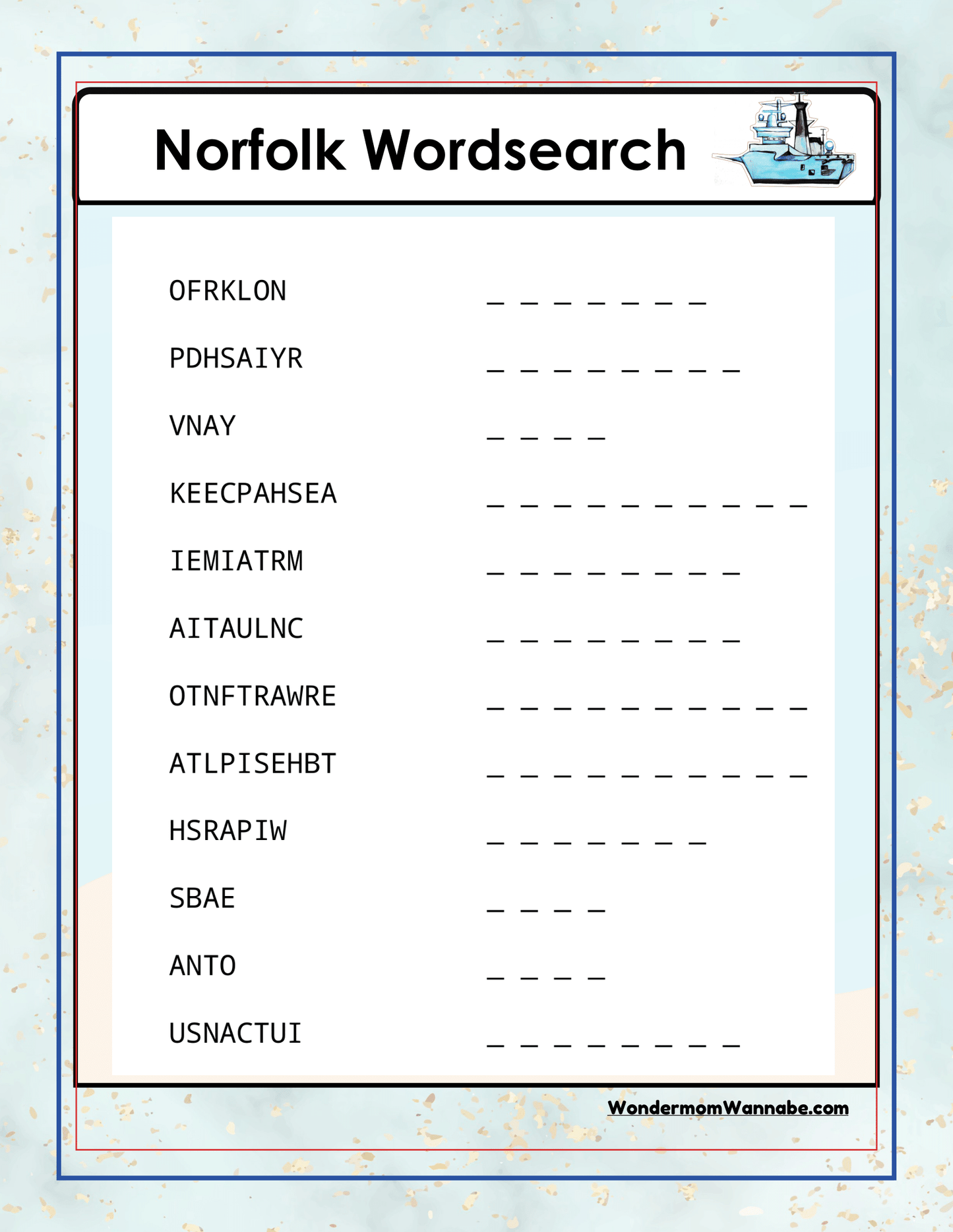 A word search titled "Virginia Travel Guide and Activity Kit for Kids" includes scrambled words with corresponding spaces on the right for answers. At the bottom corner, it reads "Wondermom Shop." The background features a nautical theme, adding a fun twist to your Virginia travel guide.