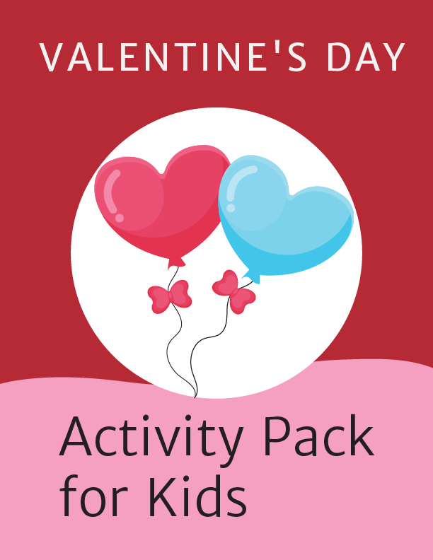 Explore the Valentine's Day Activity Kit for Kids by Wondermom Shop, complete with two heart-shaped balloons and butterflies on a vibrant red and pink background—perfect fun to make your little one's day unforgettable!.
