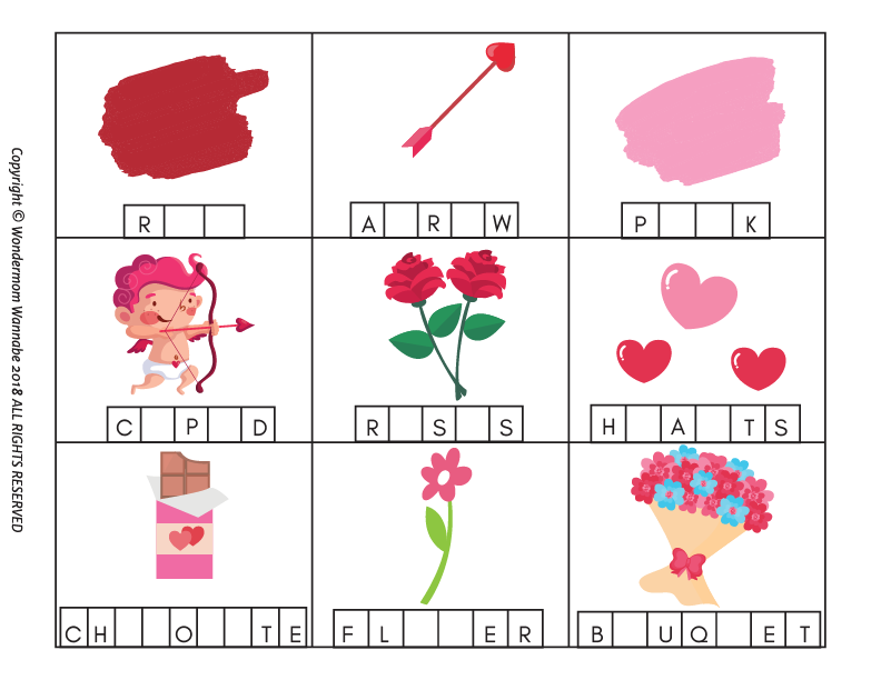 Discover the Valentine's Day Activity Kit for Kids by Wondermom Shop! This delightful puzzle set includes cupid, hearts, and chocolates images with letters for word completion. Perfect for kids' Valentine's activities, grab your printable kit today!.