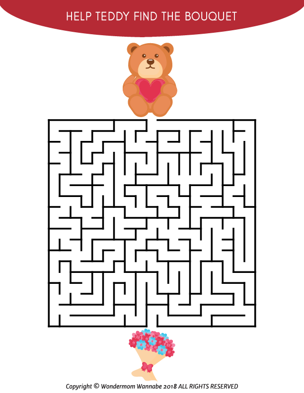 The Valentine's Day Activity Kit for Kids by Wondermom Shop includes a maze puzzle featuring a teddy bear with a heart and flowers. The text reads, "Help Teddy Find the Bouquet." It's an engaging printable activity to entertain kids on Valentine's Day.
