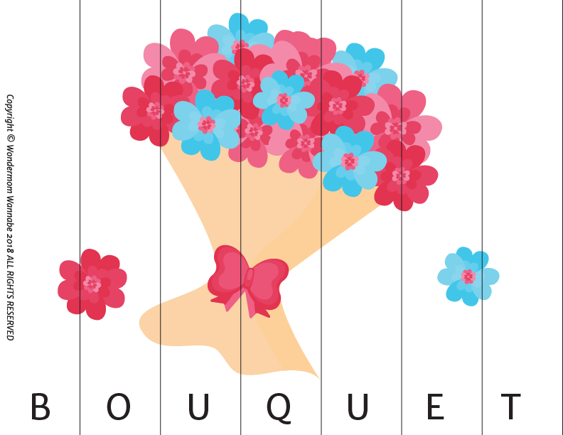 An illustration of a bouquet with pink and blue flowers tied with a pink bow evokes the Valentine's Day Activity Kit from Wondermom Shop. The word "BOUQUET" appears below, making it ideal for children's Valentine's activities or as a printable decor.