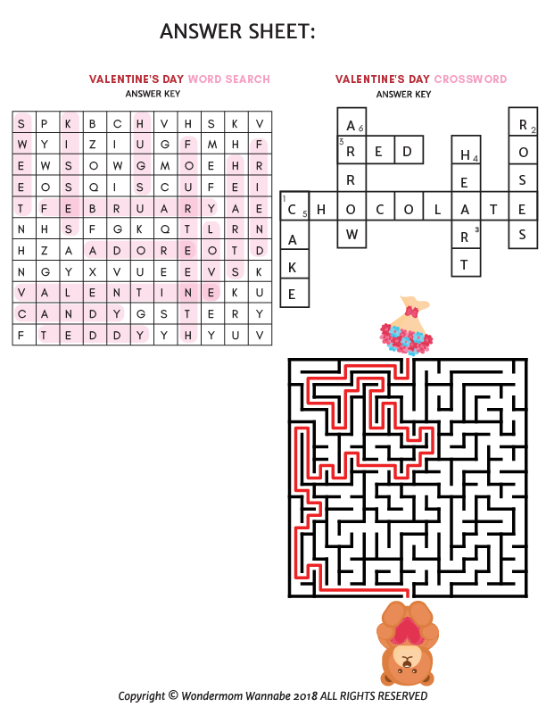 Wondermom Shop's Valentine's Day Activity Kit for Kids features themed puzzles including a word search, crossword, and maze with solutions highlighted in each printable challenge—perfect for kids' Valentine's activities!.