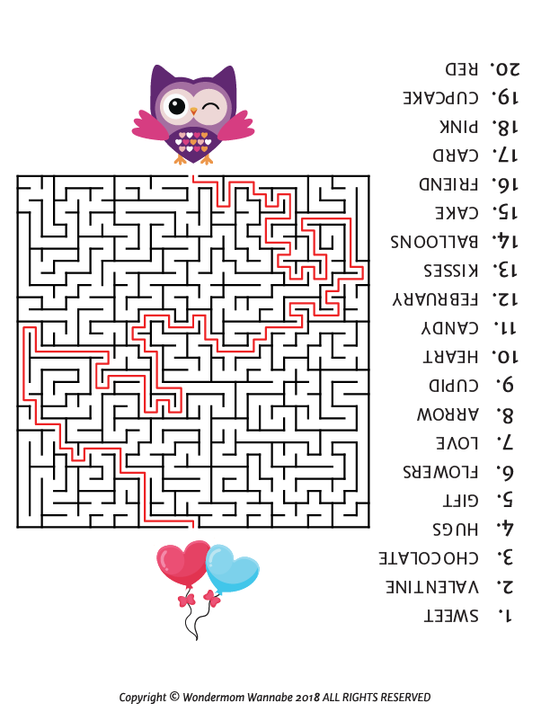 The Valentine's Day Activity Kit for Kids from Wondermom Shop features a maze starting with "RED" at the top and ending with "VALENTINE," complete with a red path. An owl and two balloons add whimsy, perfect for printable Valentine's Day fun.