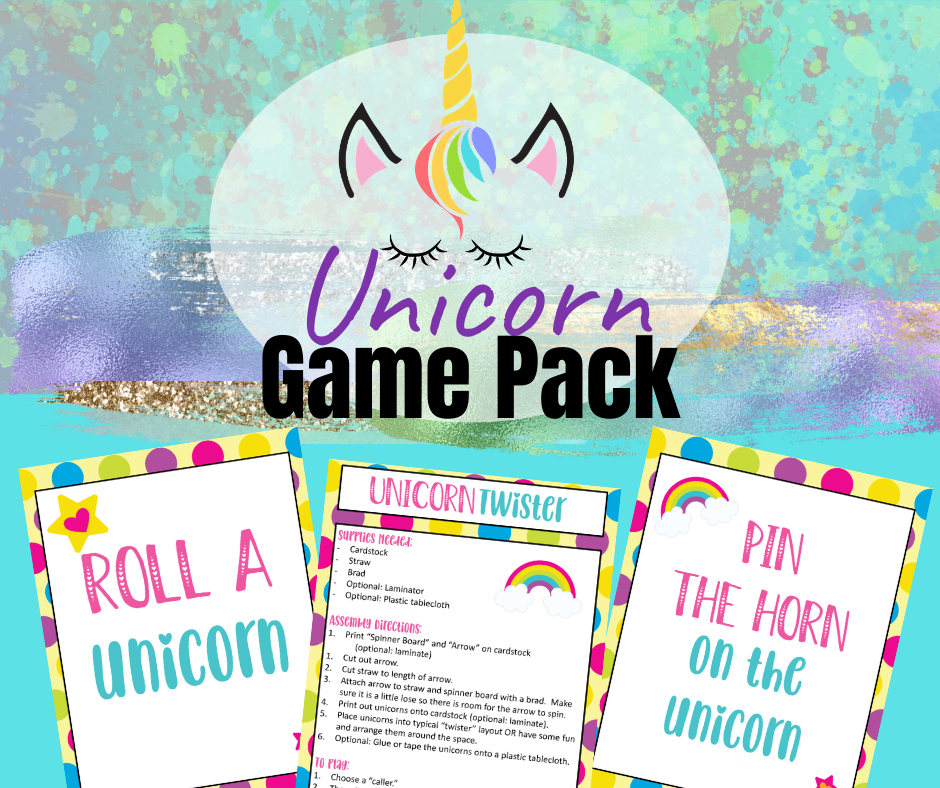 A digital product featuring the vibrant Unicorn Party Game Pack by Wondermom Shop, complete with a unicorn face and rainbow colors, perfect for any printable Unicorn Party.