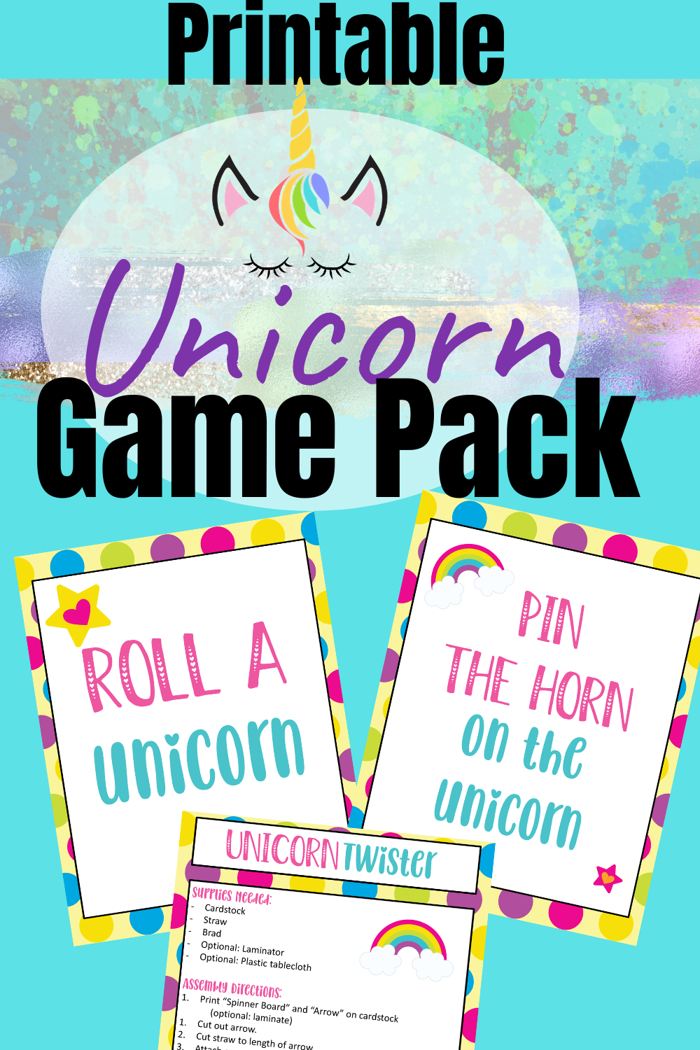 The "Unicorn Party Game Pack" from Wondermom Shop includes a banner for your Unicorn Party featuring three enchanting games: "Roll a Unicorn," "Pin the Horn on the Unicorn," and "Unicorn Twister." This digital, printable product brims with colorful text and illustrations of unicorns and rainbows, promising magical fun.