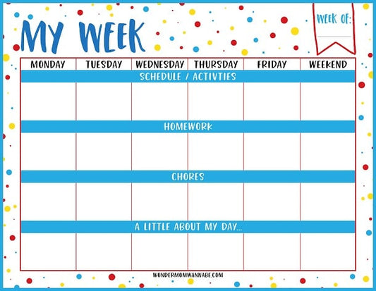 A colorful Weekly Planner for Kids printable designed to boost kids' productivity, featuring sections for Monday through Weekend. It includes areas for Schedule/Activities, Homework, Chores, and A Little About My Day, all under the heading "My Week." This digital product from VIP Vault is perfect for keeping young minds organized.