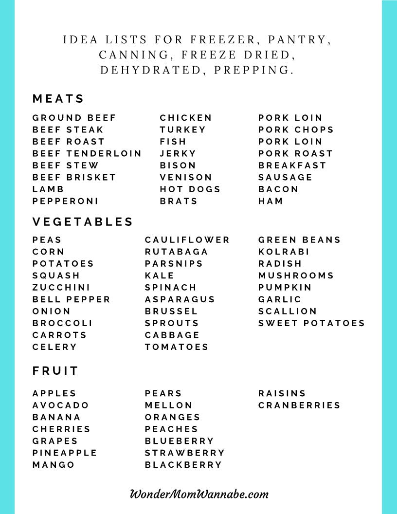 A printable Ultimate Prepper Guide for emergencies, featuring a grocery list with items suitable for the pantry, freezer and dehydrator from Wondermom Shop.