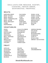 Load image into Gallery viewer, A printable Ultimate Prepper Guide for emergencies, featuring a grocery list with items suitable for the pantry, freezer and dehydrator from Wondermom Shop.

