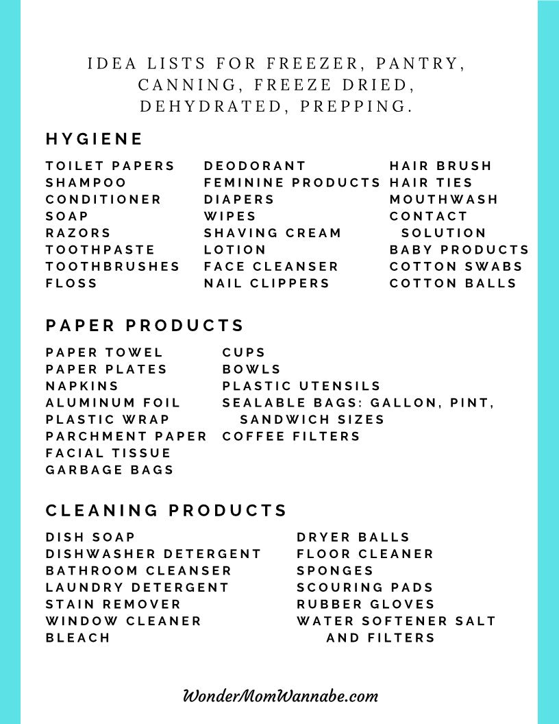A printable Ultimate Prepper Guide for emergencies, featuring a list of items for the freezer and pantry by Wondermom Shop.