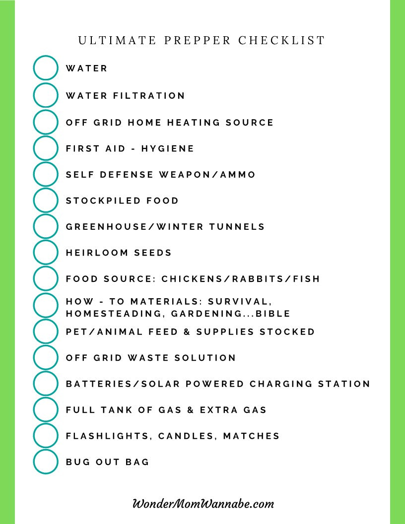 The Wondermom Shop Ultimate Prepper Guide with a printable checklist for emergencies, on a green background.