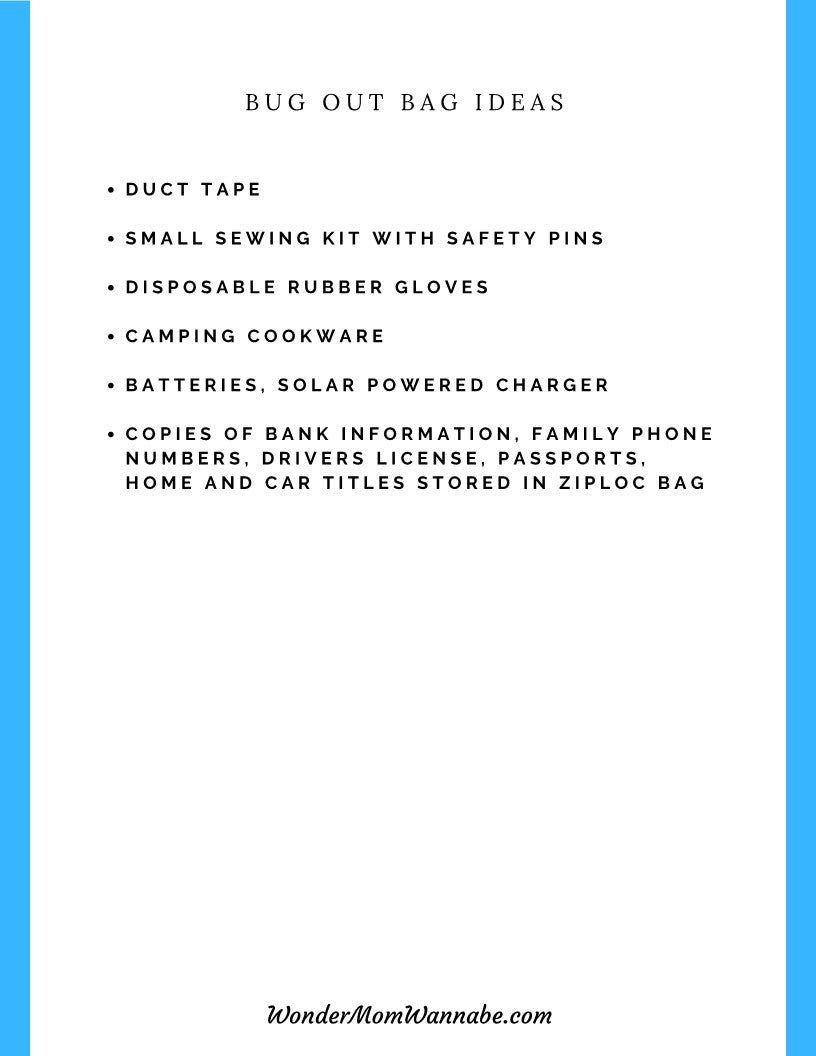 A blue background with printable Ultimate Prepper Guide bug out bag ideas for emergencies by Wondermom Shop.