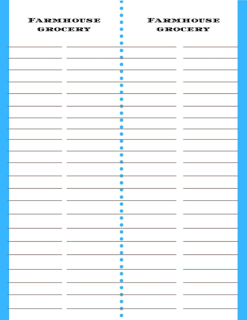 A printable grocery list template with a blue background, for emergencies, from the Ultimate Prepper Guide by Wondermom Shop.