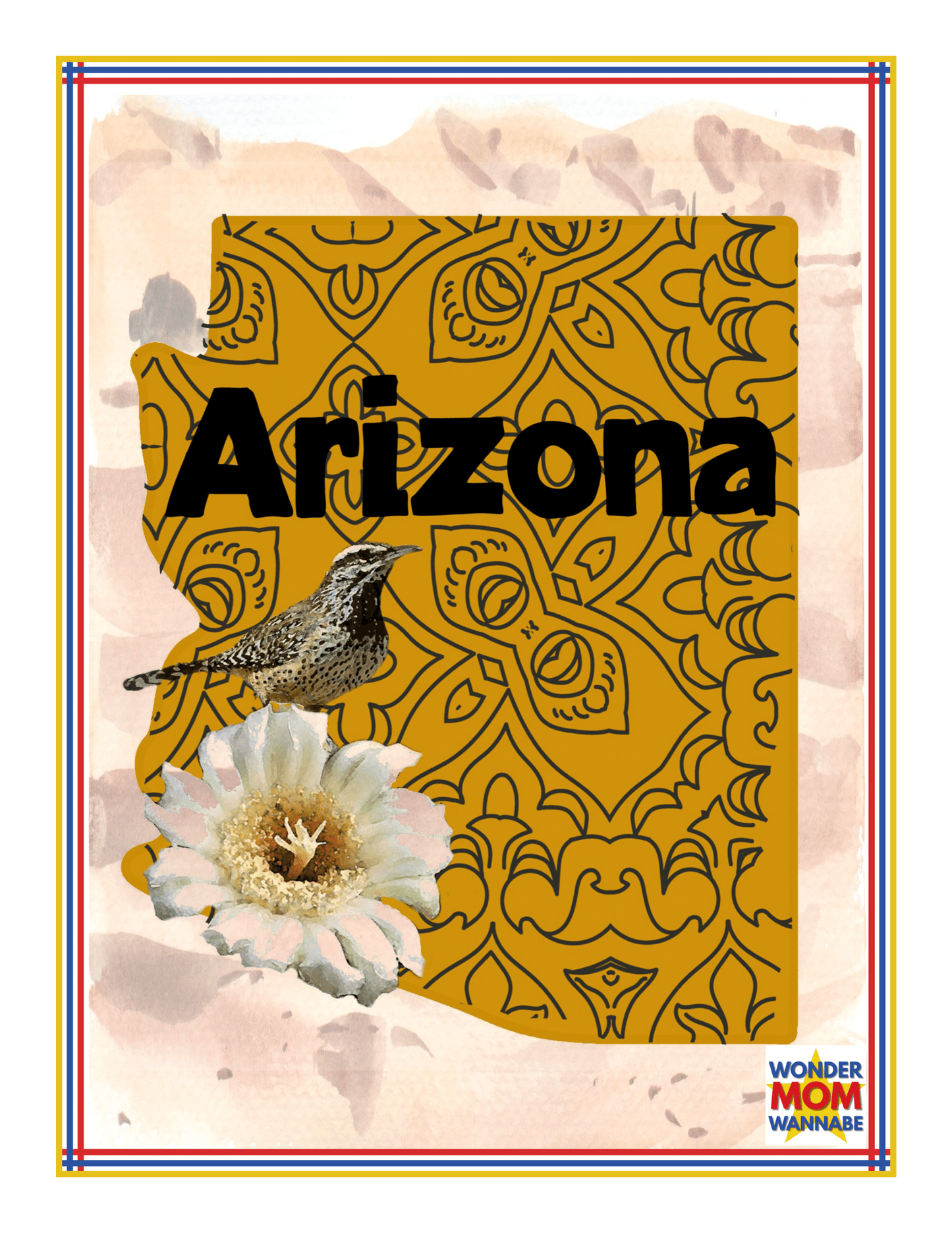 A decorative image showcasing an outline of Arizona filled with a geometric pattern, featuring a bird perched inside it and a white flower at the bottom. "Arizona Travel Guide and Activity Kit for Kids" by Wondermom Shop is prominently written in bold letters.