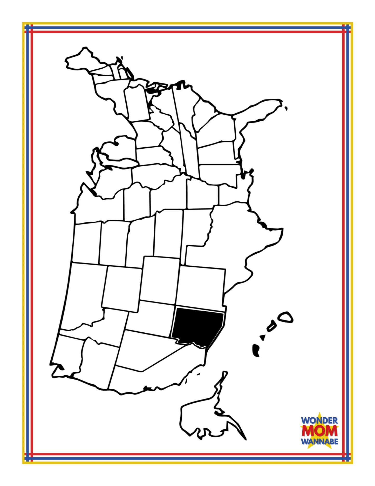 A black-and-white outline map of the USA, with Arizona shaded in black. The map has a quadruple-lined border in red, yellow, and blue. The bottom right corner features a "Wondermom Shop" logo, ideal for anyone interested in the Arizona Travel Guide and Activity Kit for Kids or looking for Grand Canyon information.