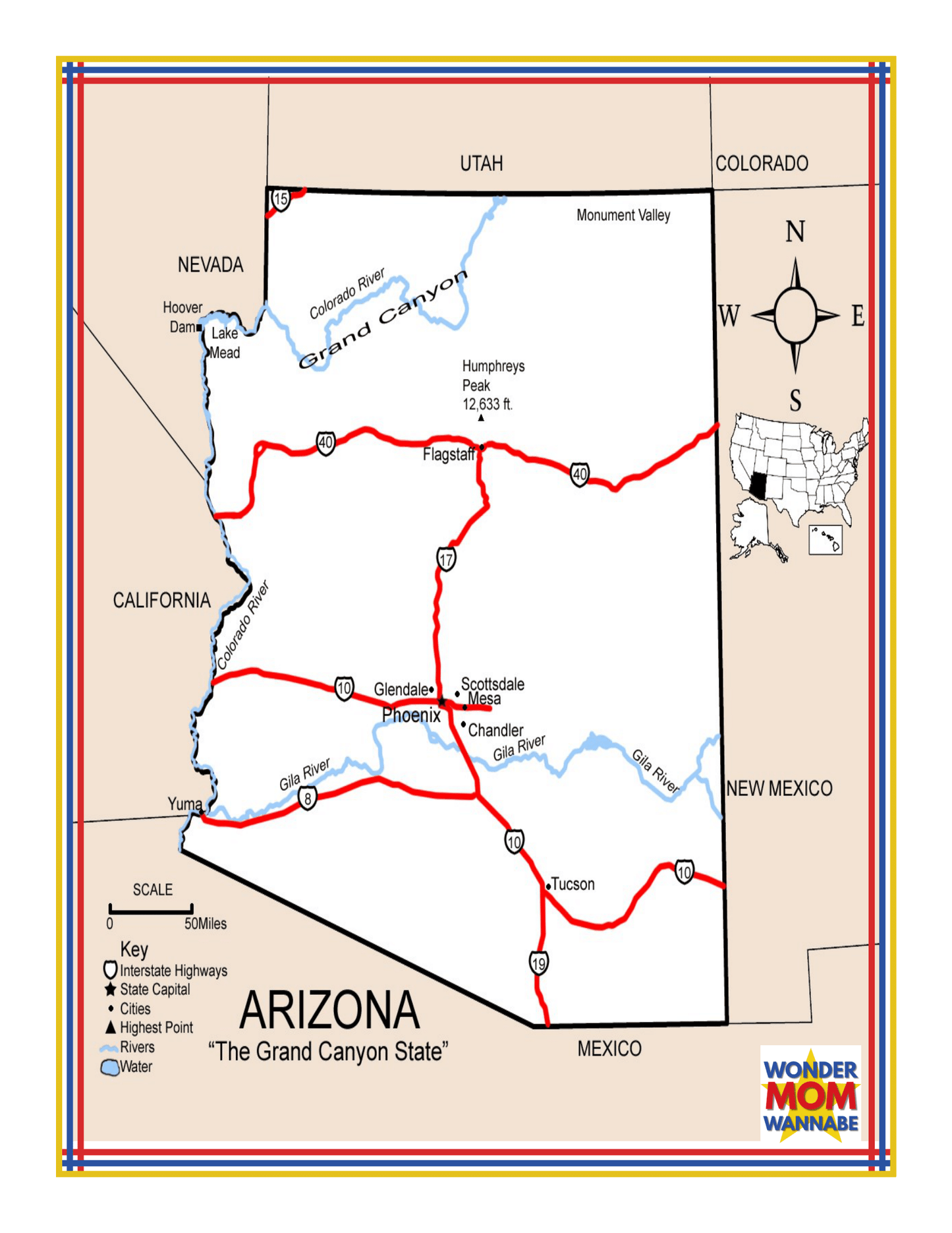 Introducing the "Arizona Travel Guide and Activity Kit for Kids" by Wondermom Shop — a comprehensive map showcasing major cities, roads, rivers, and landmarks. The Grand Canyon and Monument Valley are prominently labeled with detailed information. For easy reference, the guide also includes neighboring states Utah, Colorado, New Mexico, California, and Mexico.