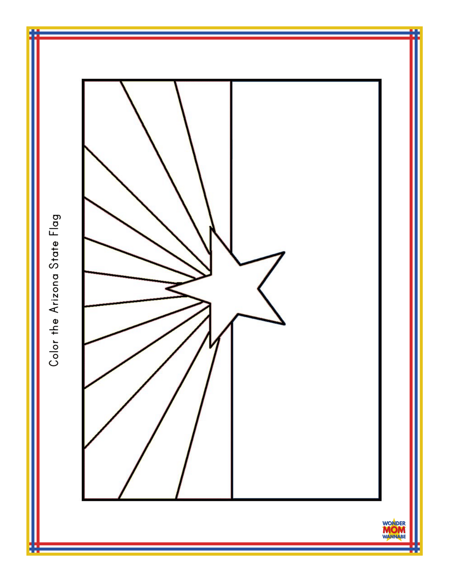 This black and white outline of the Arizona state flag features a star and rays, with text on the side that reads "Color the Arizona State Flag." It has a red, yellow, and blue lined border and is perfect for adding to your *Arizona Travel Guide and Activity Kit for Kids* by *Wondermom Shop*. It's an excellent resource for learning about Arizona activities!