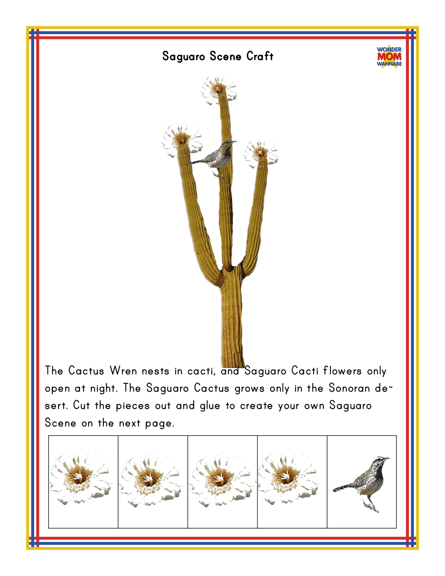 Image of the Arizona Travel Guide and Activity Kit for Kids by Wondermom Shop. Includes a Saguaro Cactus with flowers and a Cactus Wren. Instructions say to cut out and glue the pieces to create a scene, perfect for kids learning about Arizona activities or as an accompaniment to an Arizona travel guide.