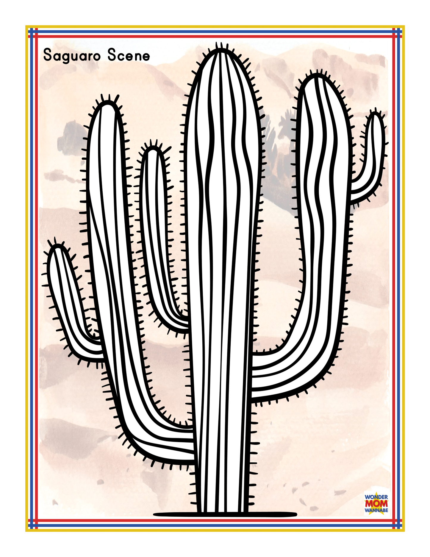 Illustrated image of a saguaro cactus titled "Saguaro Scene" by Wondermom Shop. The cactus has multiple arms and is set against a desert background with a colorful border, capturing the essence of Arizona activities and the Southwest's vibrant allure as featured in the Arizona Travel Guide and Activity Kit for Kids.