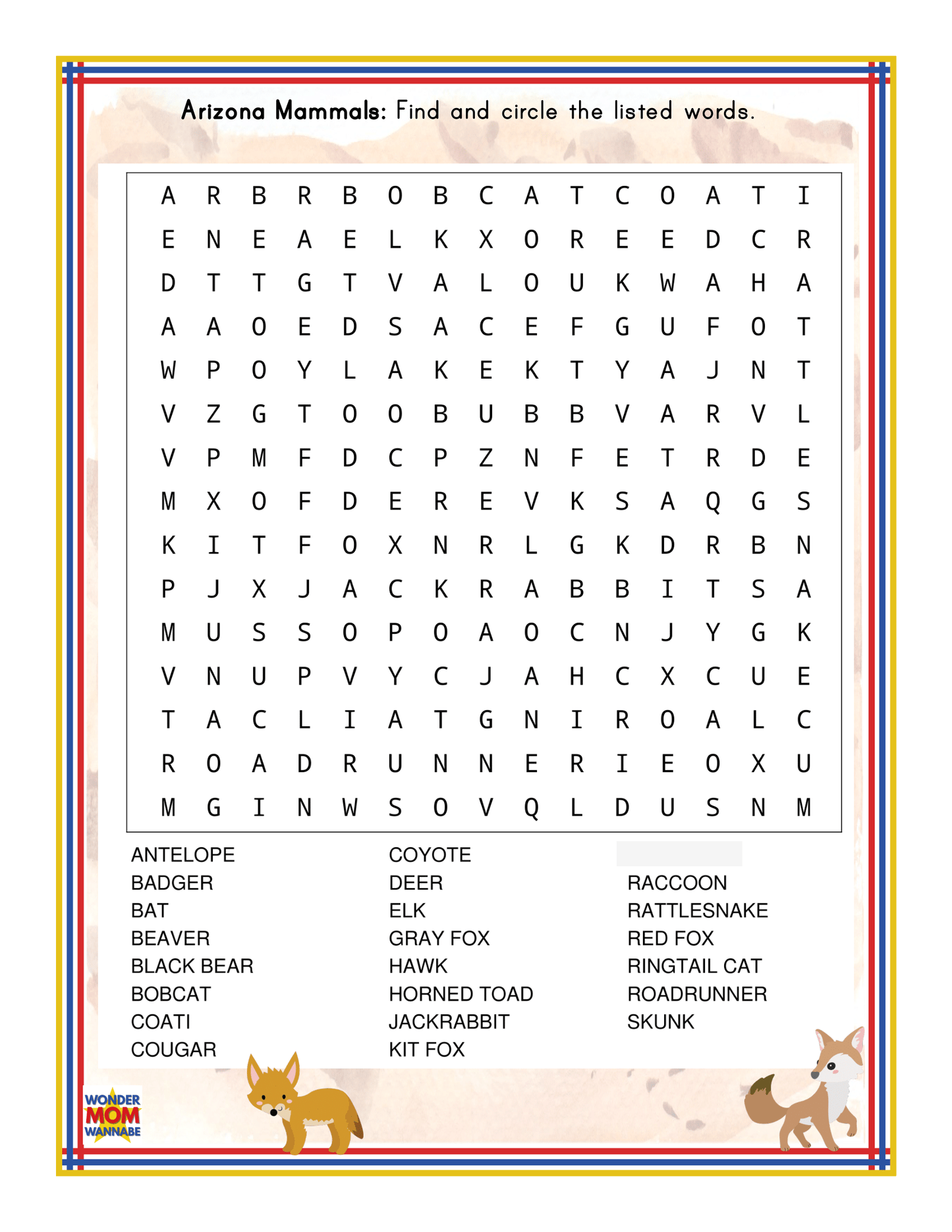 The Arizona Travel Guide and Activity Kit for Kids by Wondermom Shop features an engaging word search puzzle titled "Arizona Mammals," complete with a grid of jumbled letters. The puzzle includes names of mammals such as antelope, badger, bat, bobcat, elk, fox, raccoon, and more. It is bordered with illustrations of animals and is perfect for children seeking fun activities during their travels in Arizona.