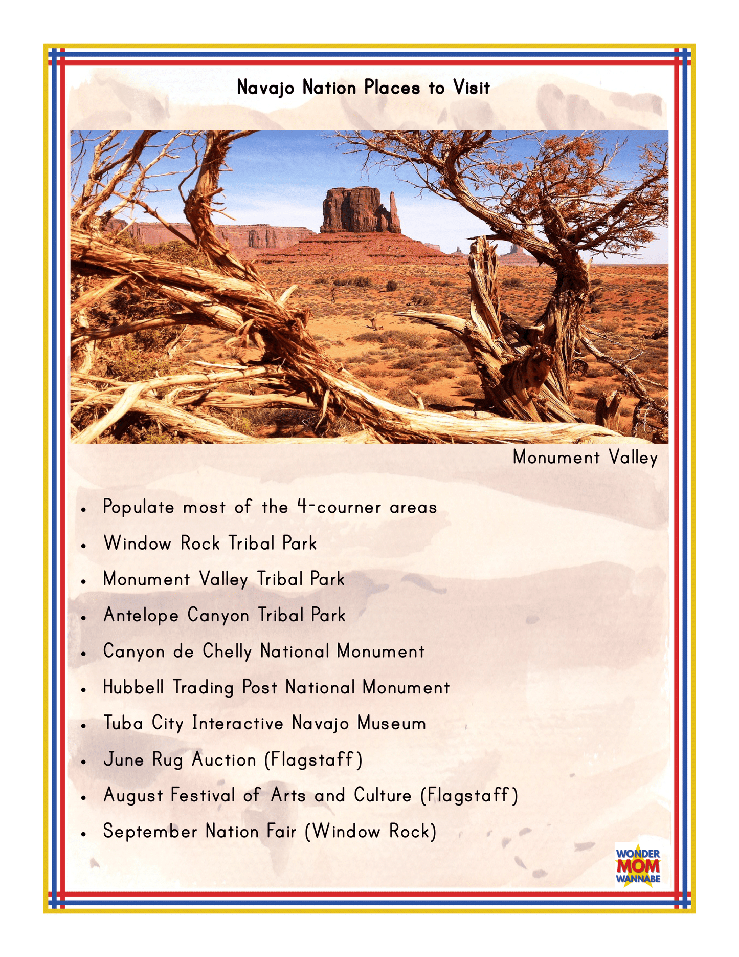 A list titled "Navajo Nation Places to Visit" featuring an image of Monument Valley. This list encompasses various parks, monuments, fairs, and museums within the Navajo Nation, making it ideal for families using the Arizona Travel Guide and Activity Kit for Kids by Wondermom Shop.