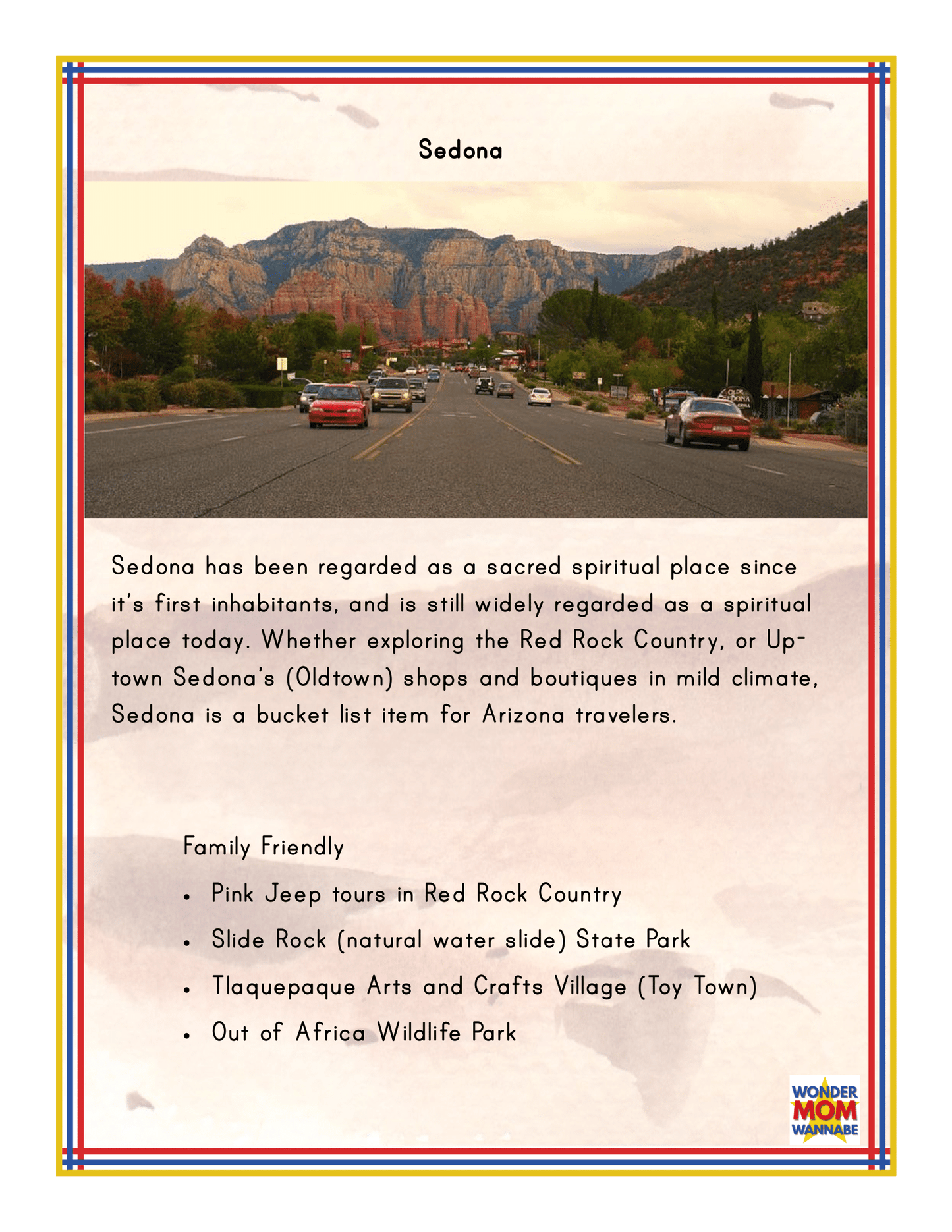 A stunning scene of Sedona showcases red rock formations in the backdrop. Dive into an engaging description of Sedona's attractions and activities, highlighting its family-friendly appeal and iconic locations. Explore our "Arizona Travel Guide and Activity Kit for Kids" from Wondermom Shop for more Arizona adventures and detailed Grand Canyon information.