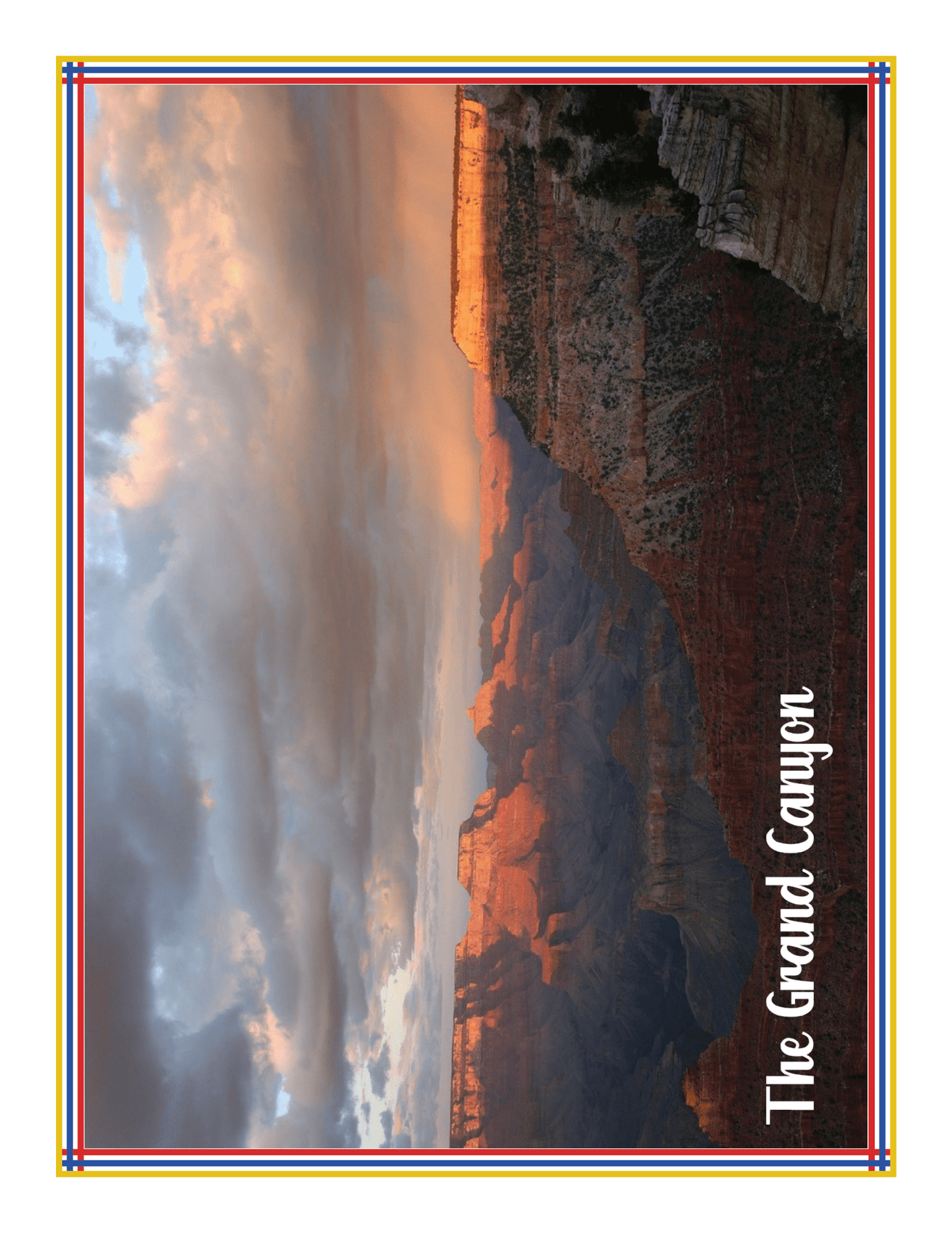 A photograph of the Grand Canyon at sunset, showcasing colorful rock formations and cloudy skies, with "The Grand Canyon" text along the right border—a perfect addition to any Arizona Travel Guide and Activity Kit for Kids by Wondermom Shop.