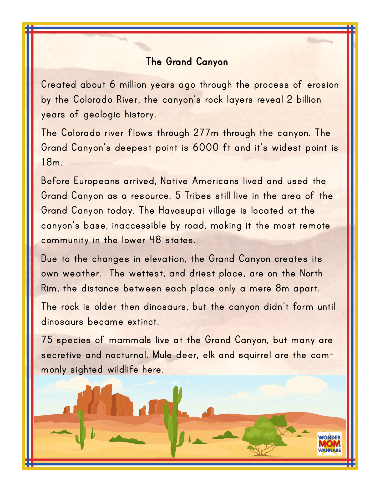 An informational poster from the Wondermom Shop's Arizona Travel Guide and Activity Kit for Kids, detailing the Grand Canyon's history, size, and inhabitants with facts about its formation, dimensions, and native species. This colorful guide features a vibrant desert-themed border.