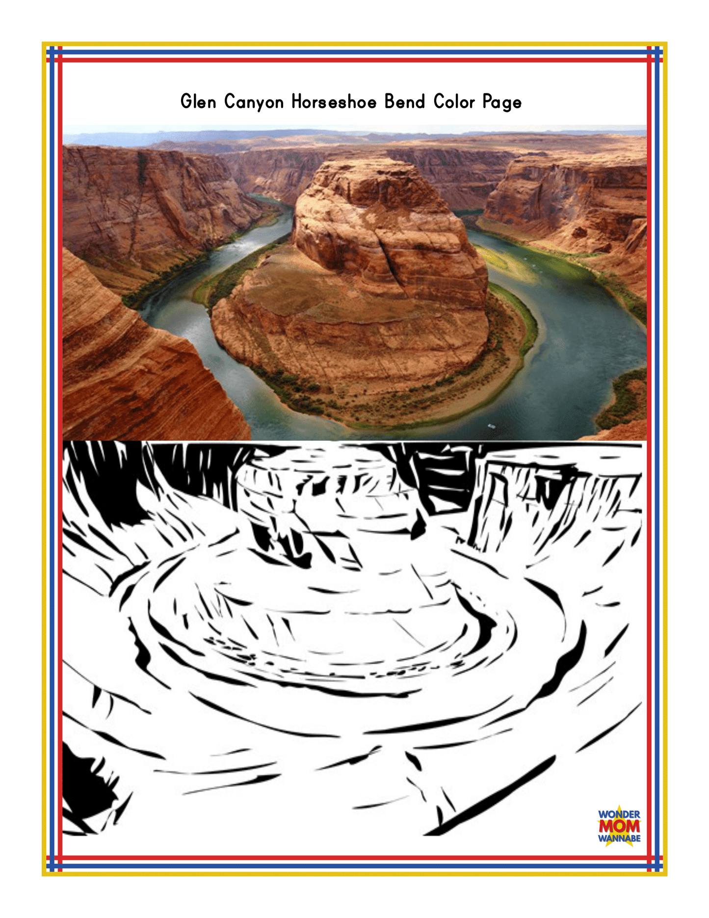 A color page of Glen Canyon Horseshoe Bend, featuring a stunning image of the natural landmark above and a black-and-white outline for coloring below, is perfect for any Arizona travel guide or those seeking engaging Arizona activities. Check out the "Arizona Travel Guide and Activity Kit for Kids" from Wondermom Shop!