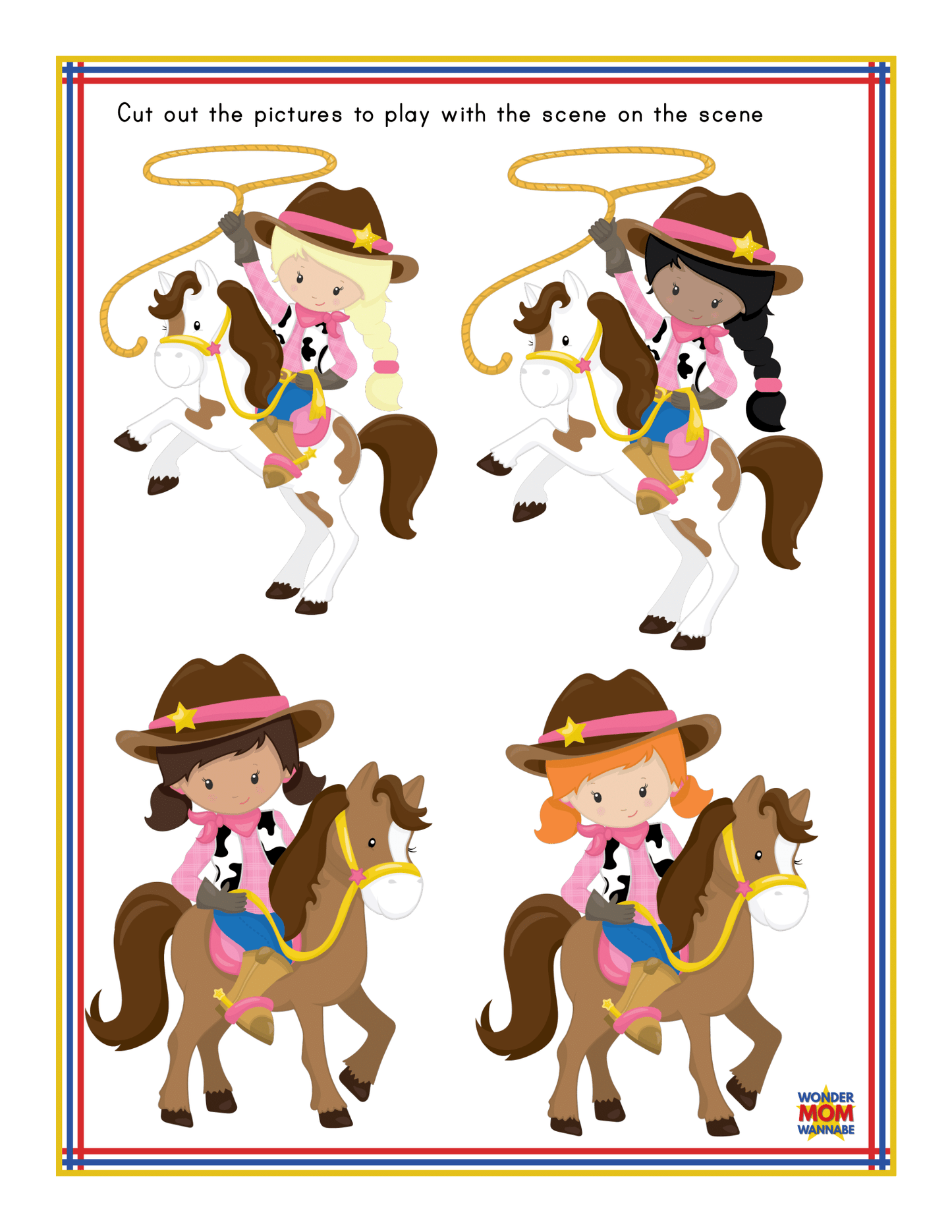 The product includes four illustrations of girls dressed as cowgirls, each riding a horse. The text at the top instructs children to cut out the pictures for use in a scene inspired by an Arizona travel guide, as part of the "Arizona Travel Guide and Activity Kit for Kids" from Wondermom Shop.