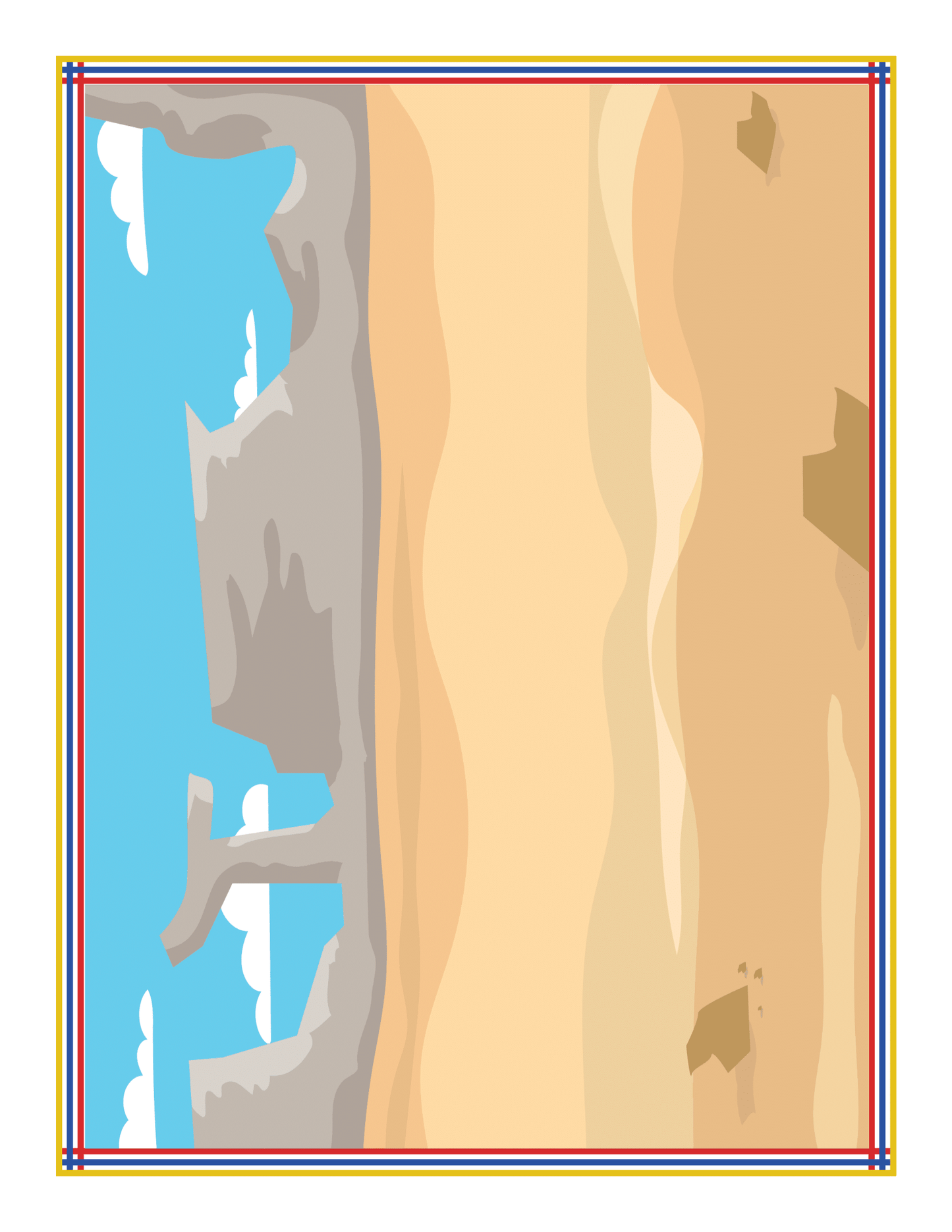 A vibrant and stylized map featuring a coastline on the left that transitions from water and cliffs to desert terrain on the right, perfect for any Arizona travel guide, is included in Wondermom Shop's "Arizona Travel Guide and Activity Kit for Kids.