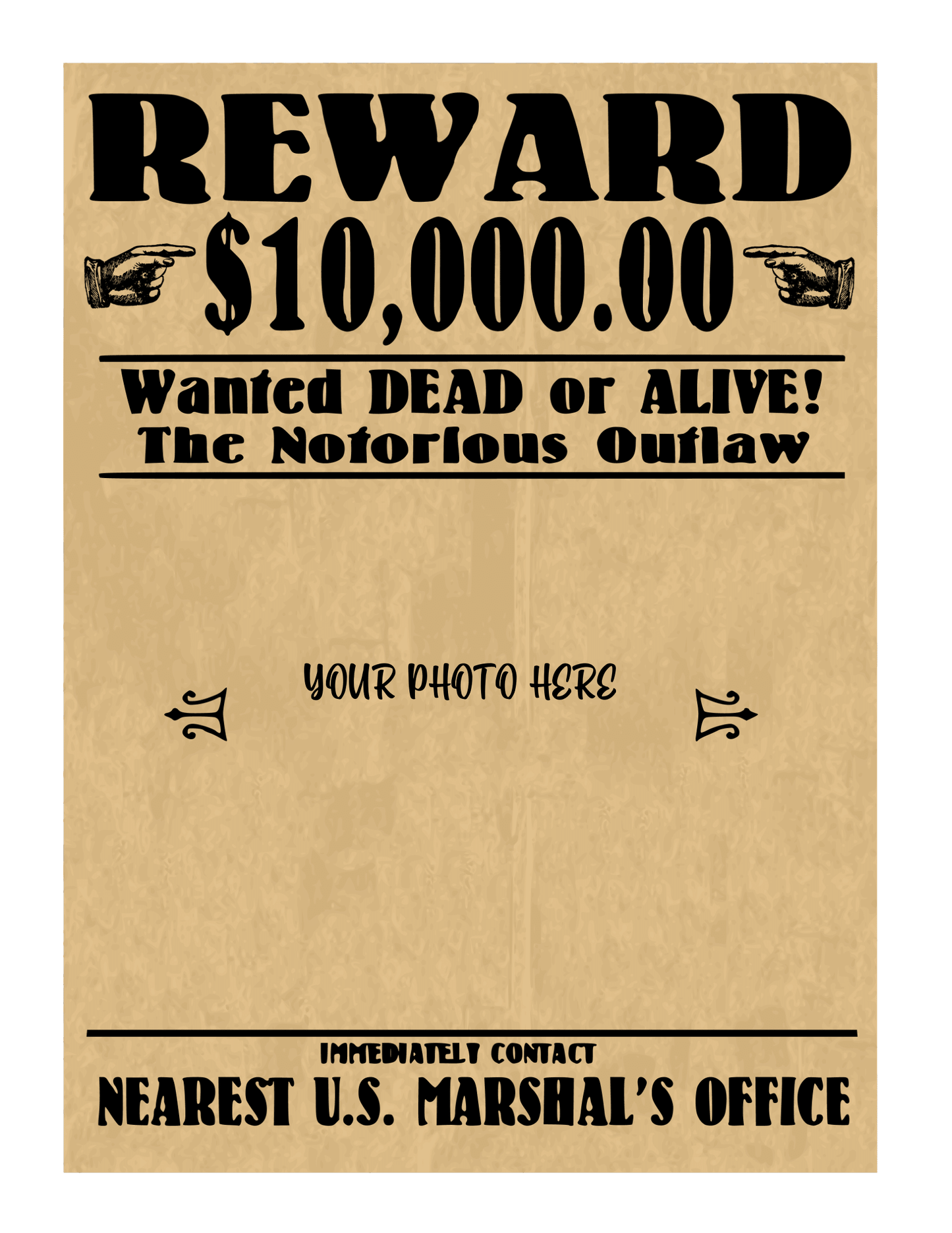 Old-fashioned wanted poster offering a $10,000 reward for a notorious outlaw, with "Wanted Dead or Alive!" written above a blank space marked "Your Photo Here." Hinting at an Arizona Travel Guide and Activity Kit for Kids by Wondermom Shop, the contact details for the U.S. Marshal's Office rest at the bottom.