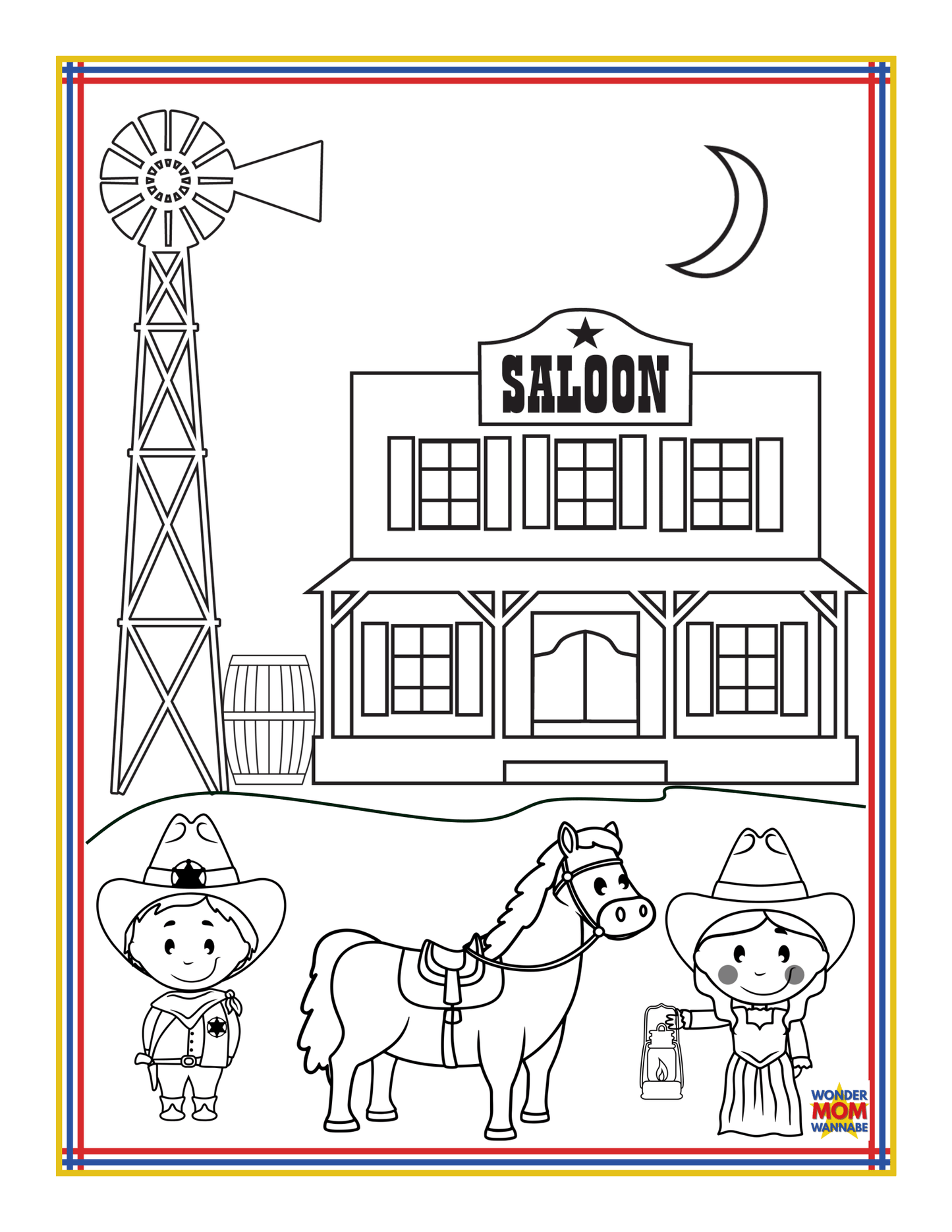 A coloring page featuring a cowboy and cowgirl next to a horse, with a saloon building, windmill, moon, and barrel in the background—perfect for anyone inspired by the "Arizona Travel Guide and Activity Kit for Kids" from Wondermom Shop.