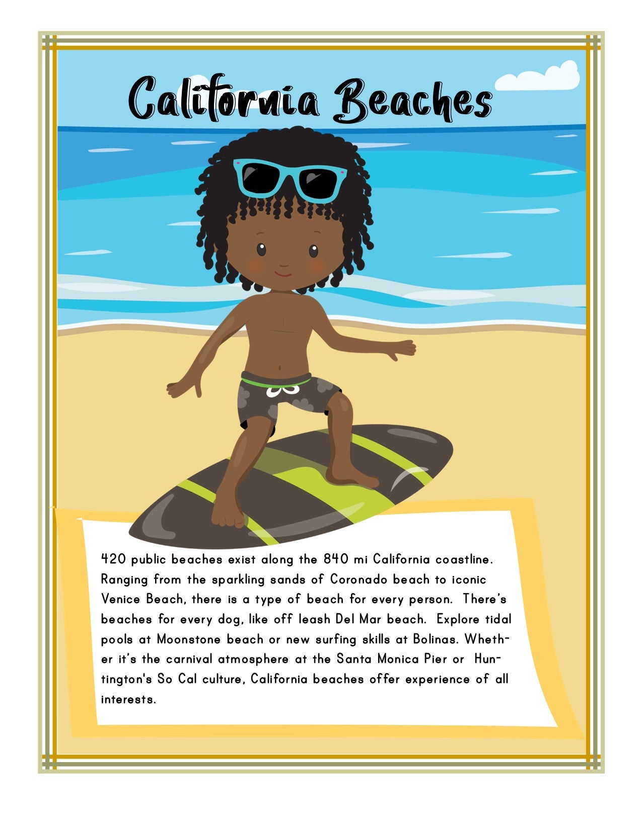 Illustration of a child in swimwear and sunglasses sitting on a surfboard at the beach, with an ocean backdrop and text highlighting various California beaches. Ideal for the "California Travel Guide and Activity Kit for Kids" by Wondermom Shop, perfect as a travel guide or printable activity kit.