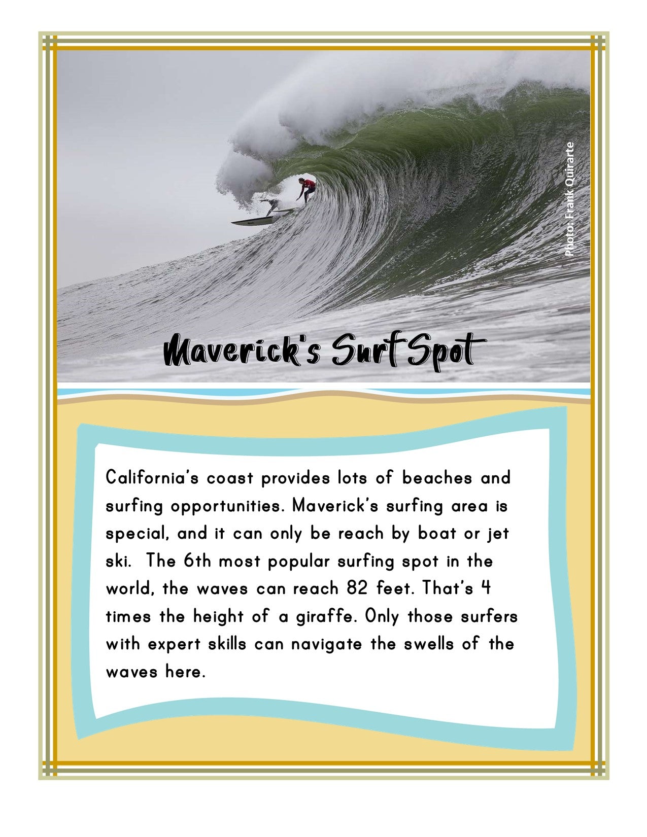A surfer rides a large wave at Maverick's Surf Spot in California, which is renowned for its unique, expert-only surfing conditions and ranks as the 6th most popular surfing location in the world. For more fascinating California fun facts, explore our California Travel Guide and Activity Kit for Kids from Wondermom Shop!