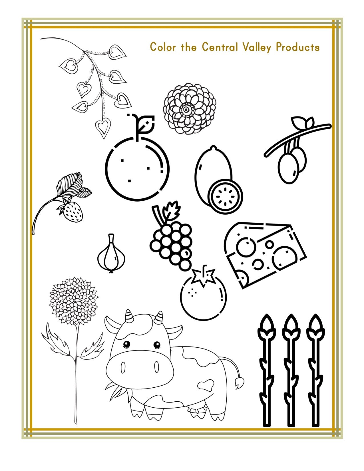Introducing the California Travel Guide and Activity Kit for Kids from Wondermom Shop! This printable activity kit features a coloring page titled "Color the Central Valley Products," showcasing illustrations of fruits, vegetables, a cow, flowers, and cheese. Additionally, it includes fun facts about California to enhance your knowledge while you color.